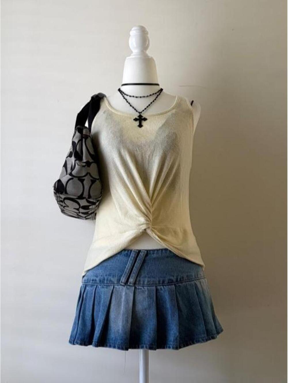 Y2K Pink Republic Cream Sheer Knit Twist Front Tank Top